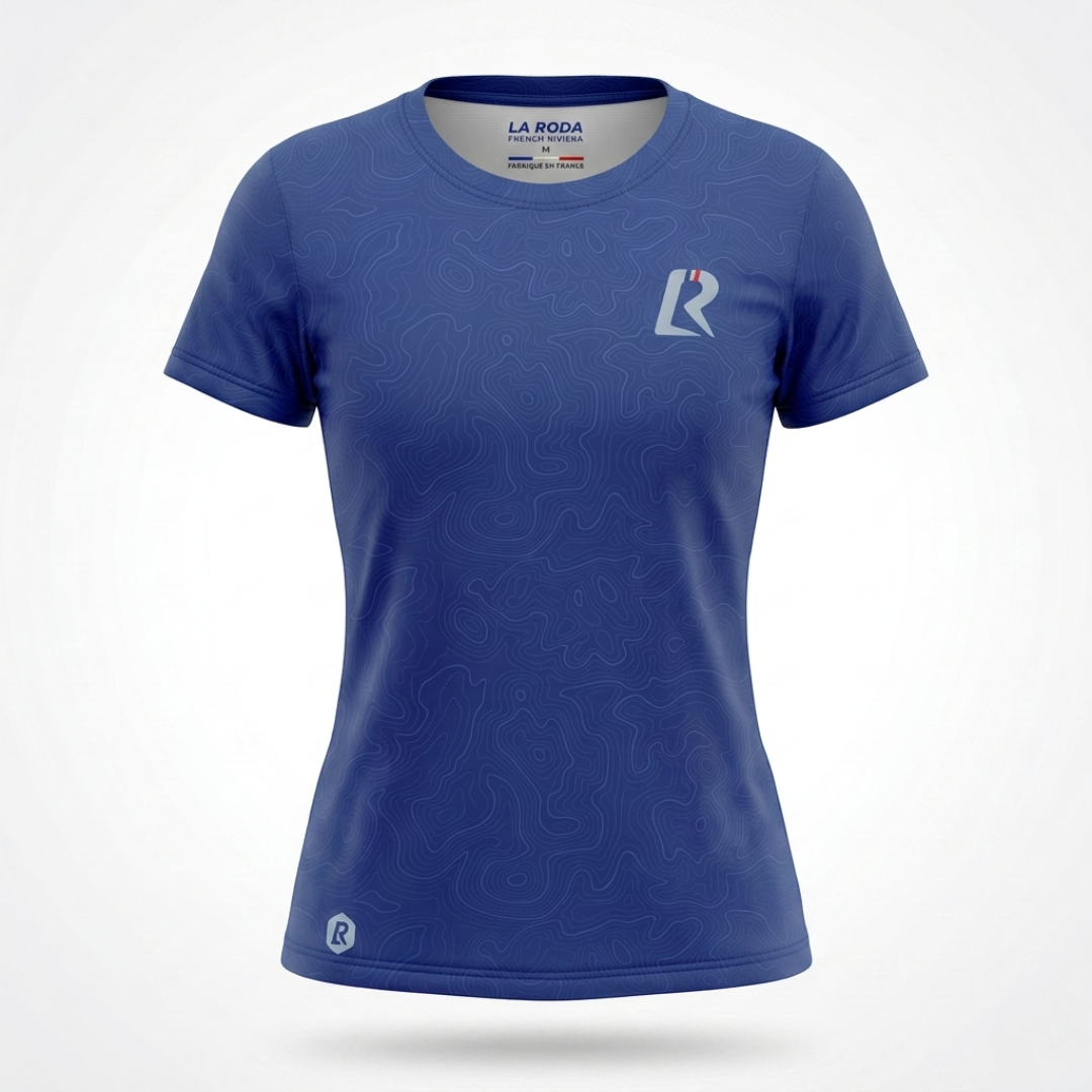 T-SHIRT RUNNING FEMME - RELIEF BLEU MARINE